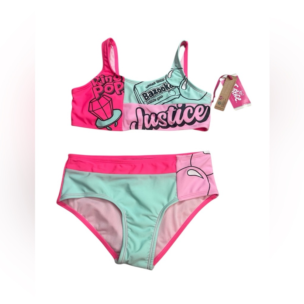 Justice Pink Blue Ringpop Bazooka Gum 2 Piece Swimsuit Girls size L(12/14) New